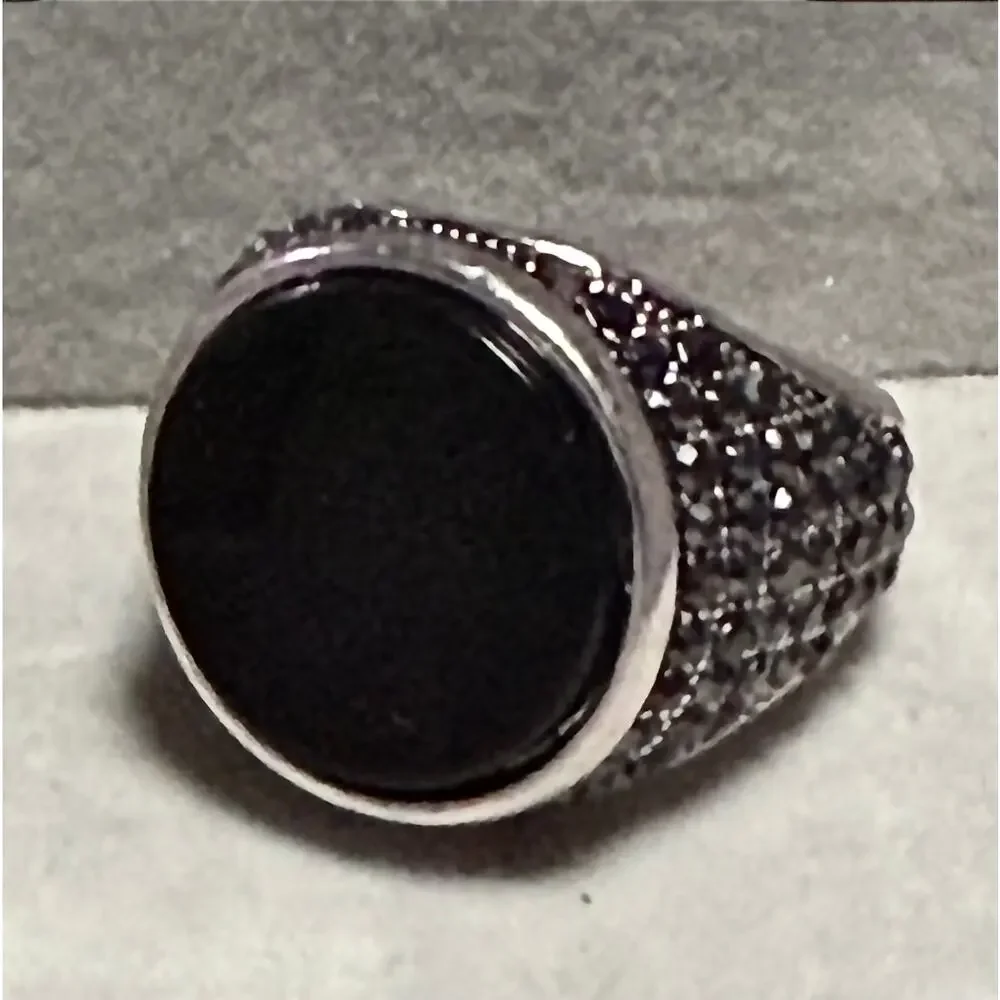 Black Stone Statement Ring Size 8 Silver Tone Pavé Cocktail Ring